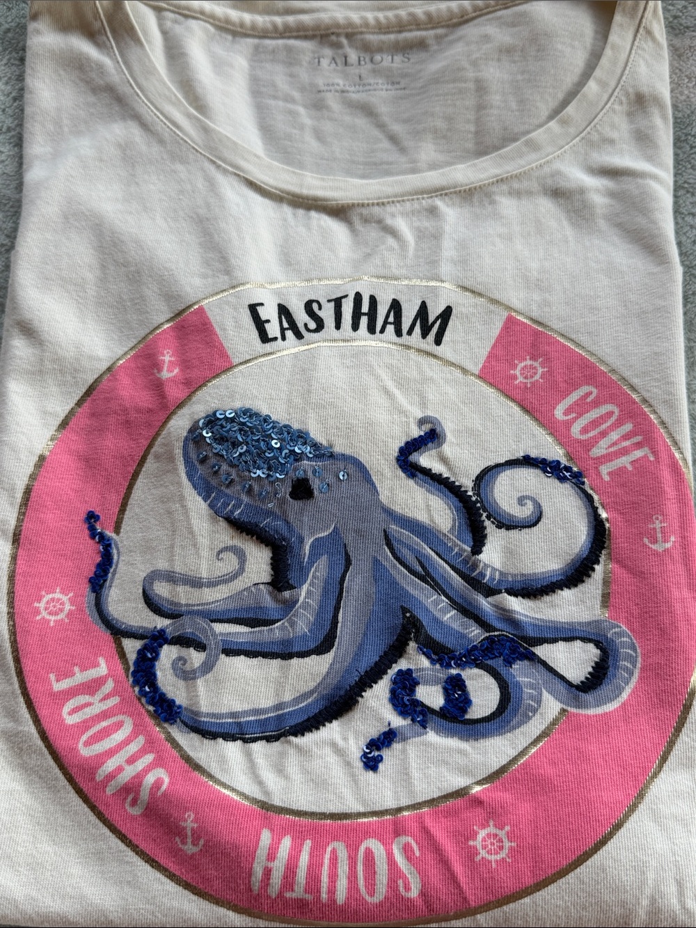 Talbots White Long-Sleeve Tee Blue Octopus. Sz L 100% cotton